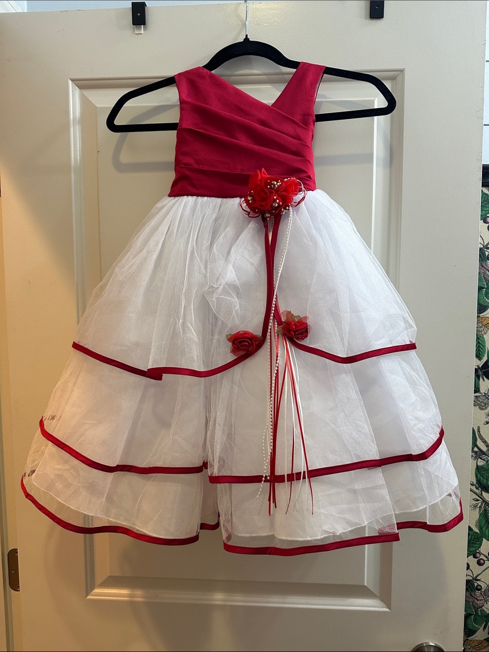 Red and White Tulle Flower Girl Dress with Rose Accents